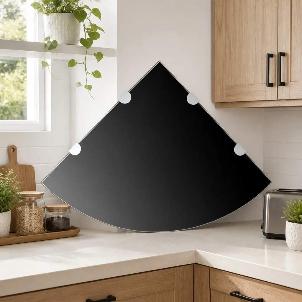 Corner Wall Shelf Black Glass Floating Storage Kitchen Bathroom Display Ledge