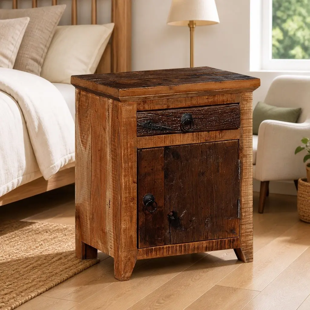 Solid Acacia Bedside Table with Storage