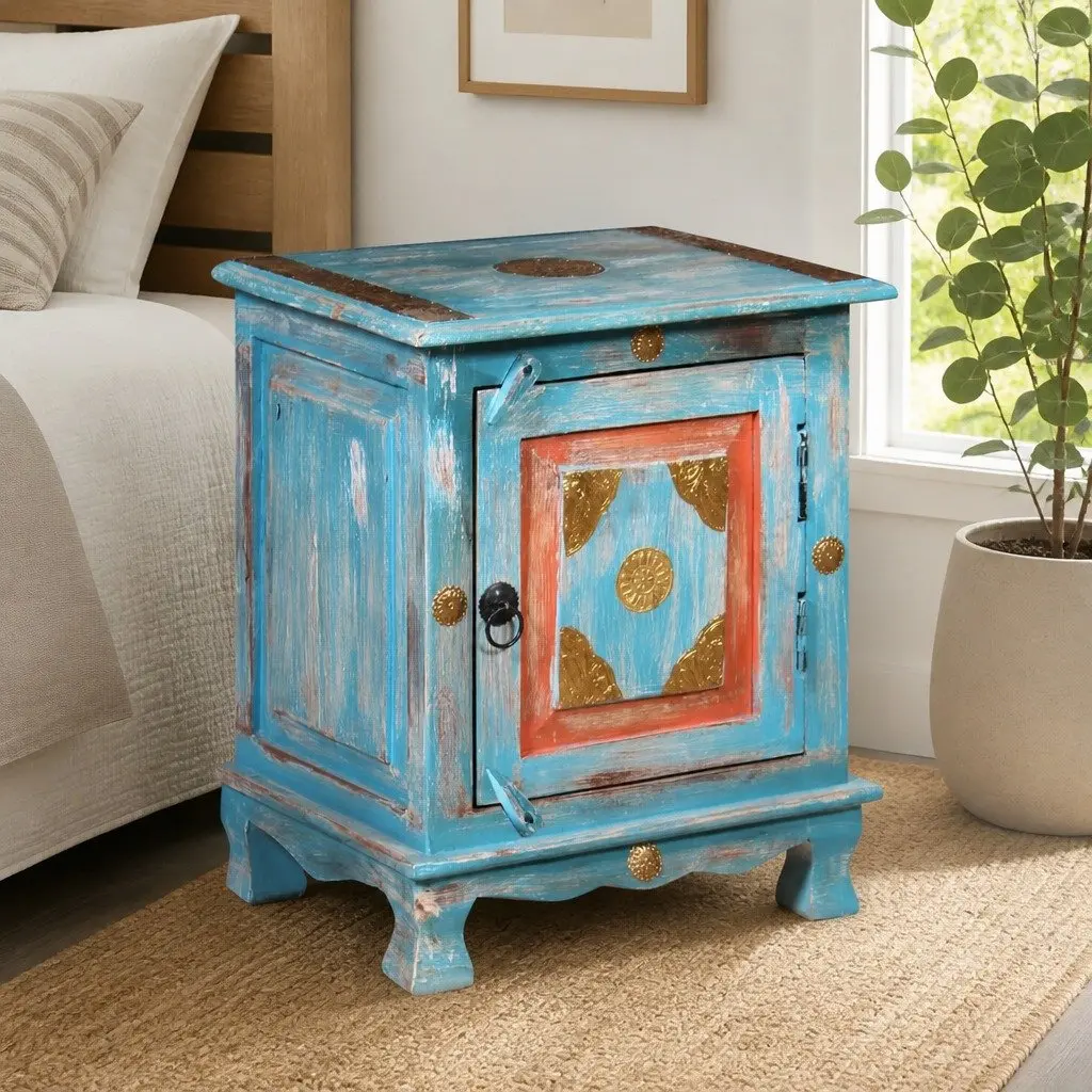 Bedside Table Indian Style Solid Mango Wood Blue Nightstand Storage