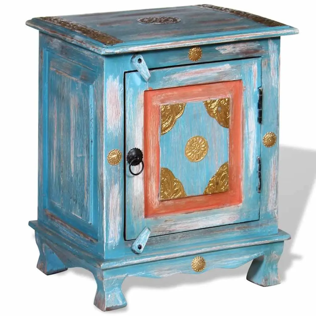 Bedside Table Indian Style Solid Mango Wood Blue Nightstand Storage