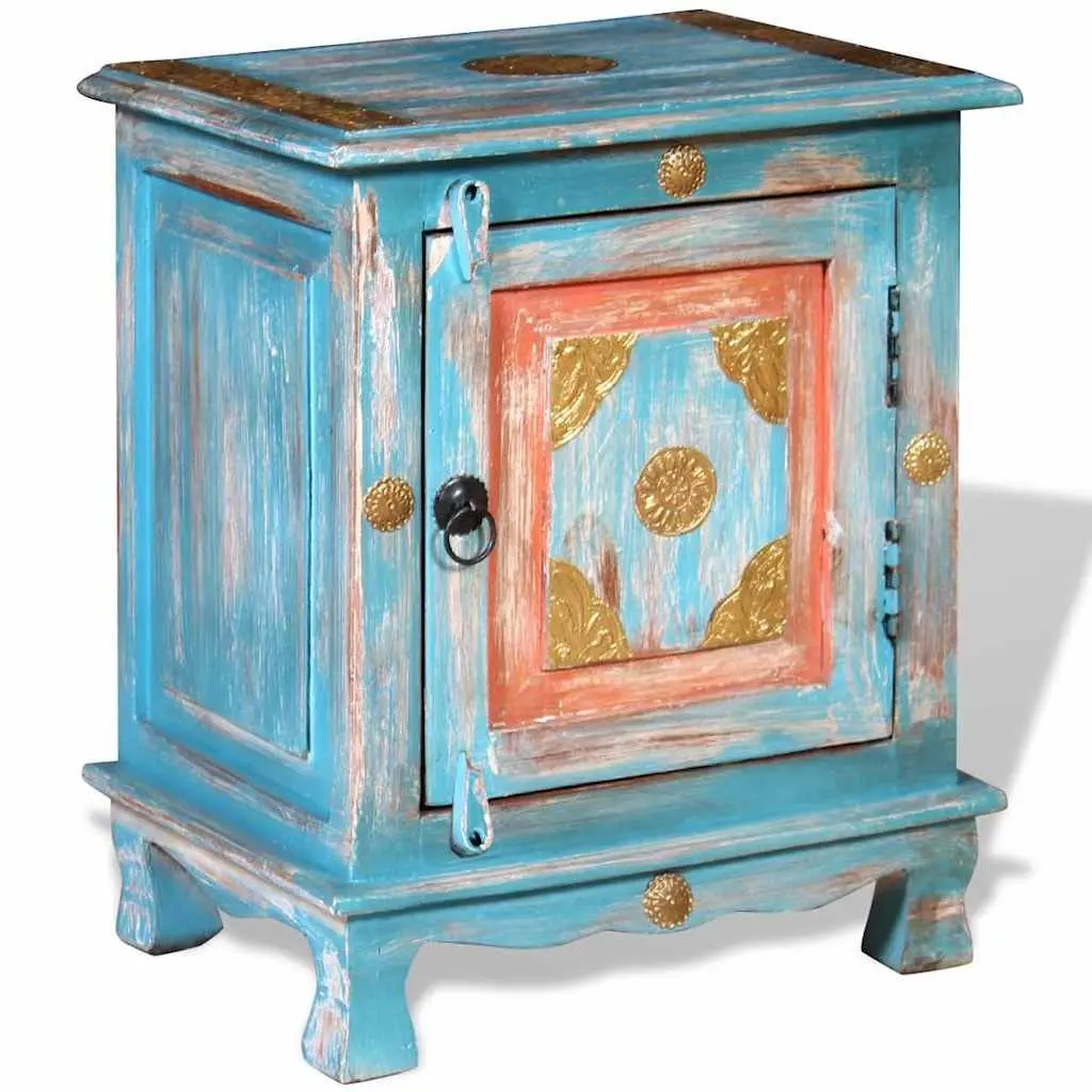 Bedside Table Indian Style Solid Mango Wood Blue Nightstand Storage