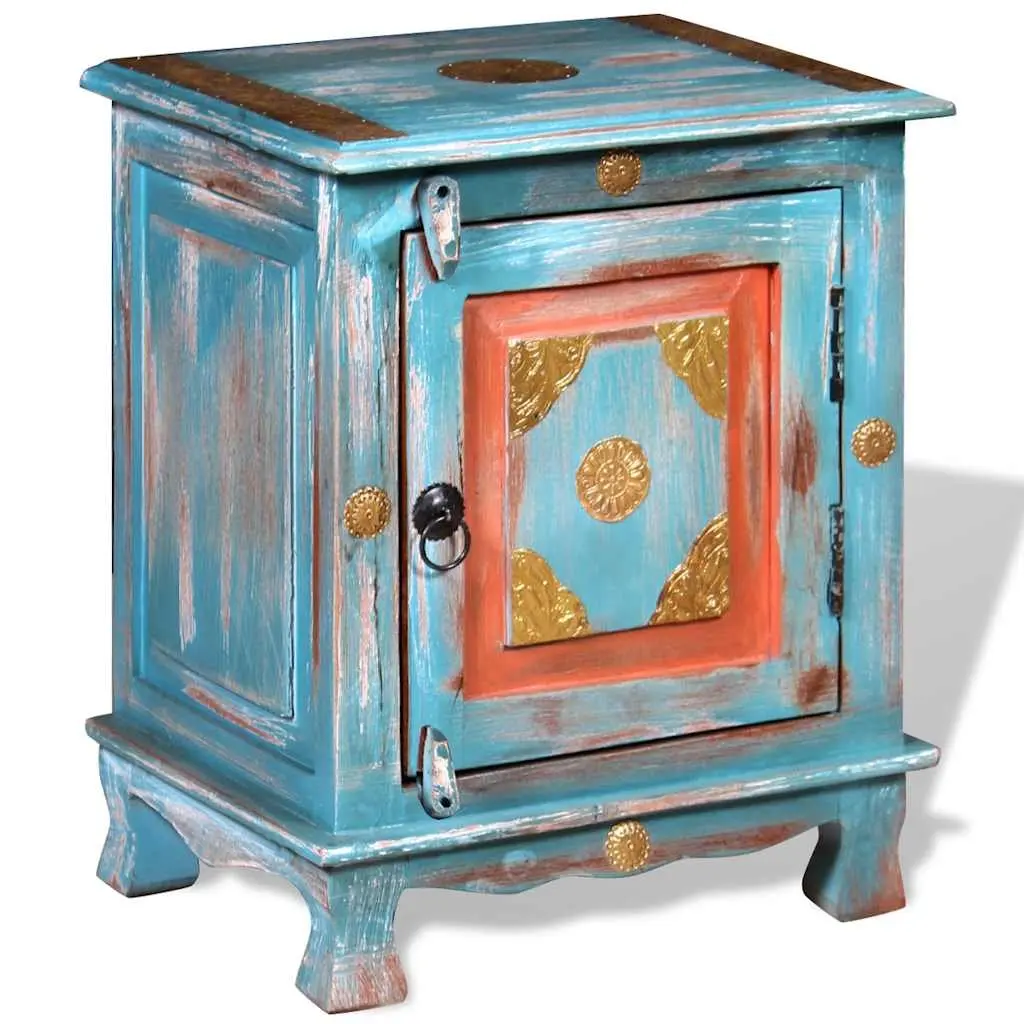 Bedside Table Indian Style Solid Mango Wood Blue Nightstand Storage