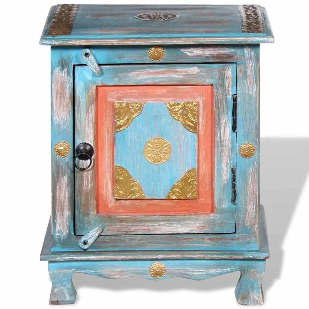Bedside Table Indian Style Solid Mango Wood Blue Nightstand Storage