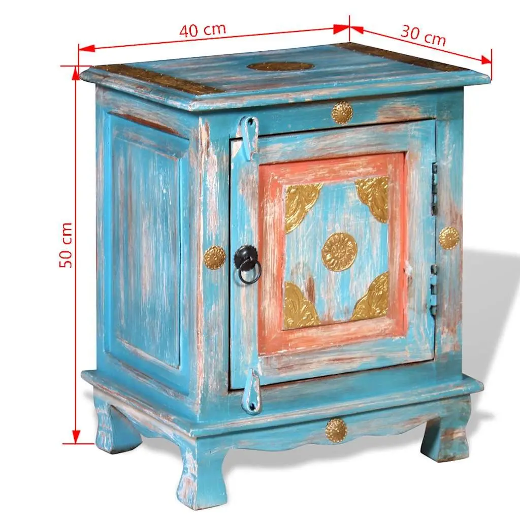 Bedside Table Indian Style Solid Mango Wood Blue Nightstand Storage