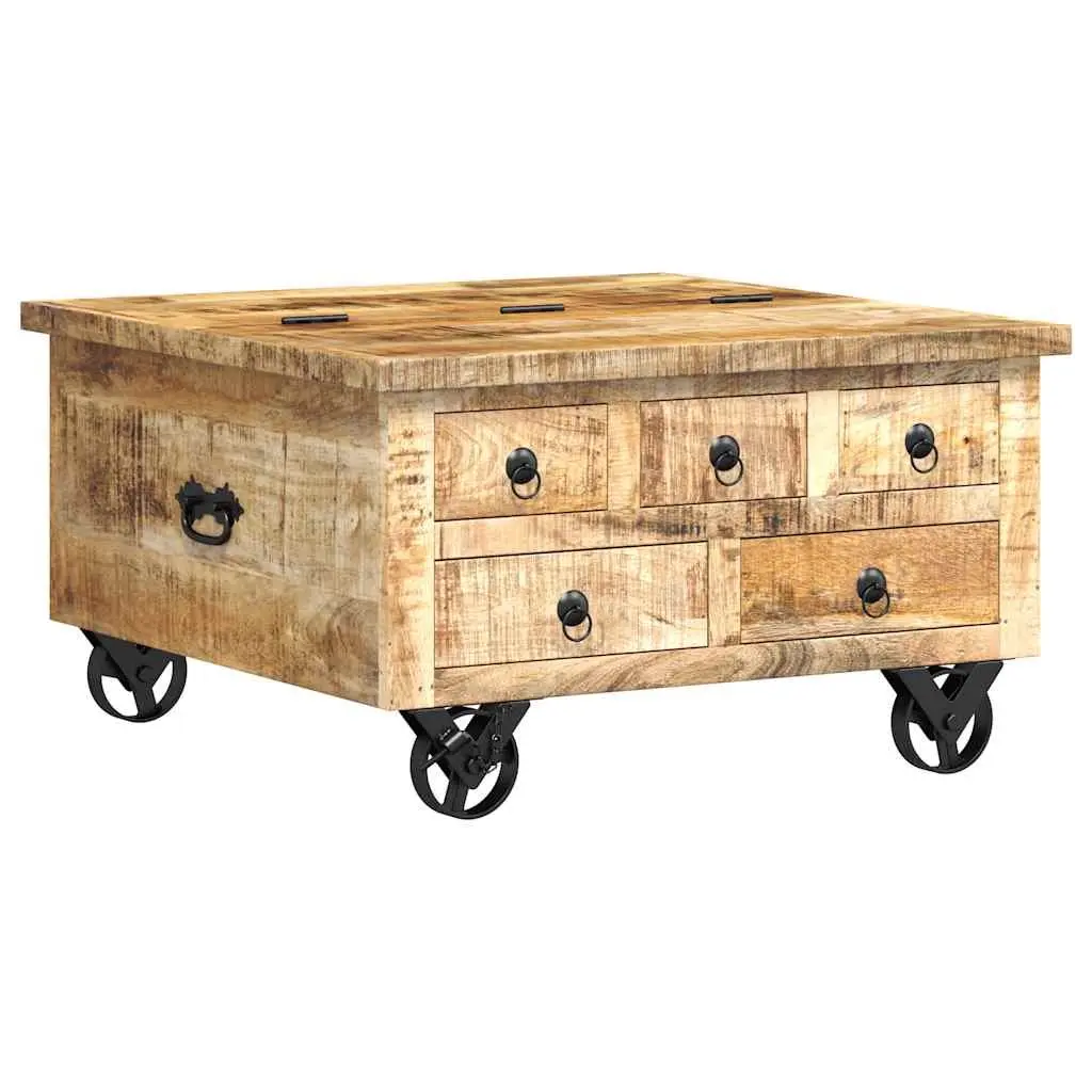 Industrial Wooden Coffee Table for Living Room with 5 Drawers and Iron Wheels 70 x 70 x 40 cm