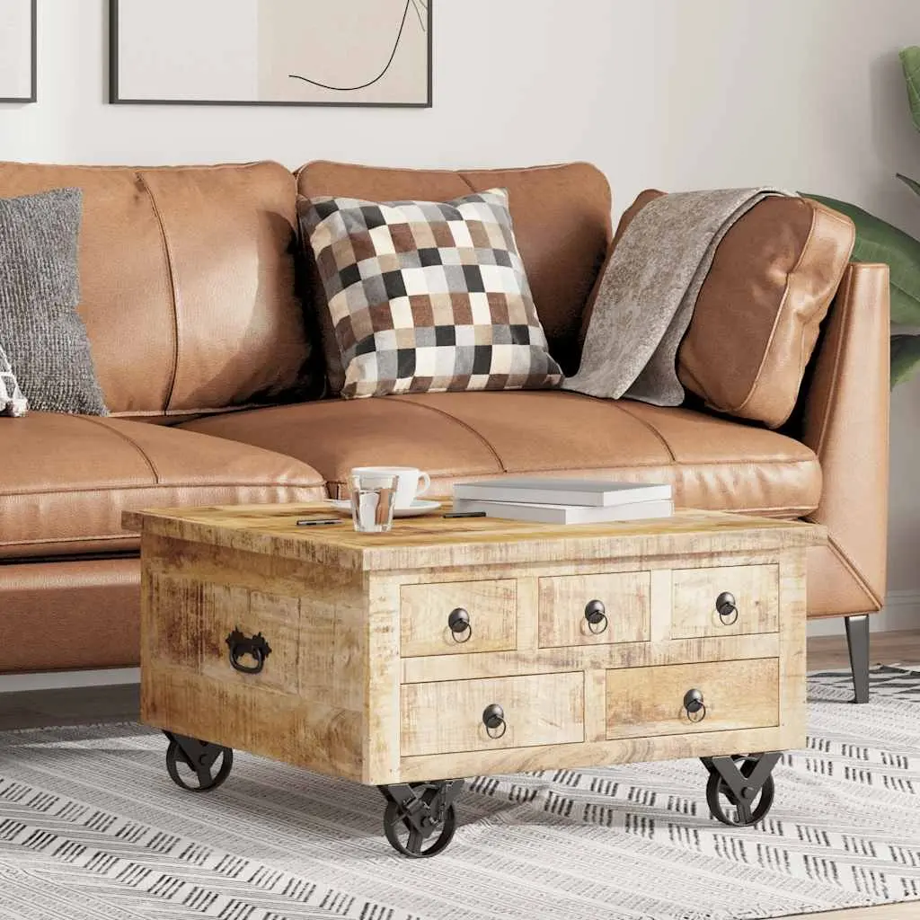 Industrial Wooden Coffee Table for Living Room with 5 Drawers and Iron Wheels 70 x 70 x 40 cm