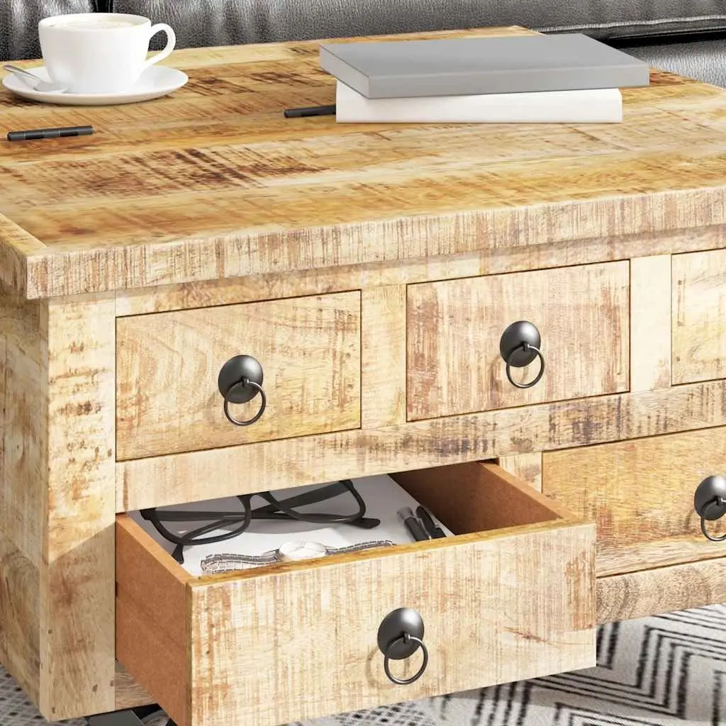 Industrial Wooden Coffee Table for Living Room with 5 Drawers and Iron Wheels 70 x 70 x 40 cm