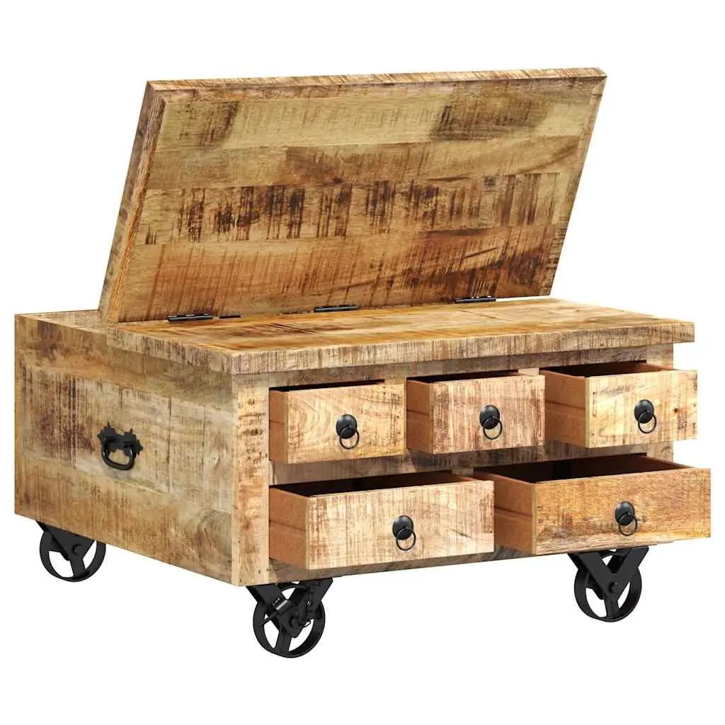 Industrial Wooden Coffee Table for Living Room with 5 Drawers and Iron Wheels 70 x 70 x 40 cm