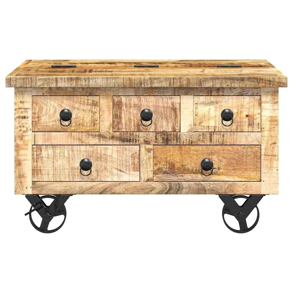Industrial Wooden Coffee Table for Living Room with 5 Drawers and Iron Wheels 70 x 70 x 40 cm