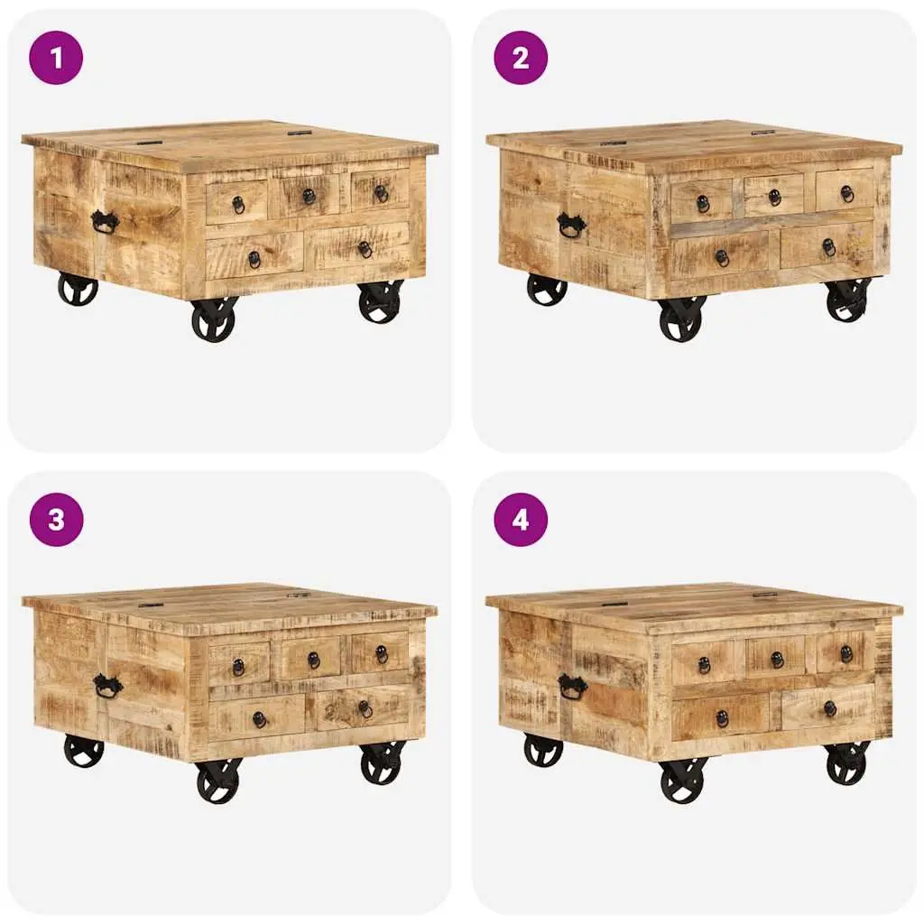 Industrial Wooden Coffee Table for Living Room with 5 Drawers and Iron Wheels 70 x 70 x 40 cm