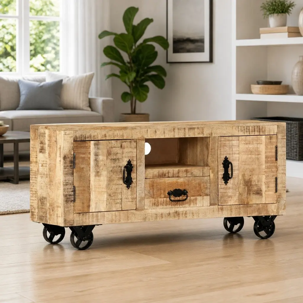 Wooden TV Cabinet Industrial Style Rough Mango Storage Unit with Wheels