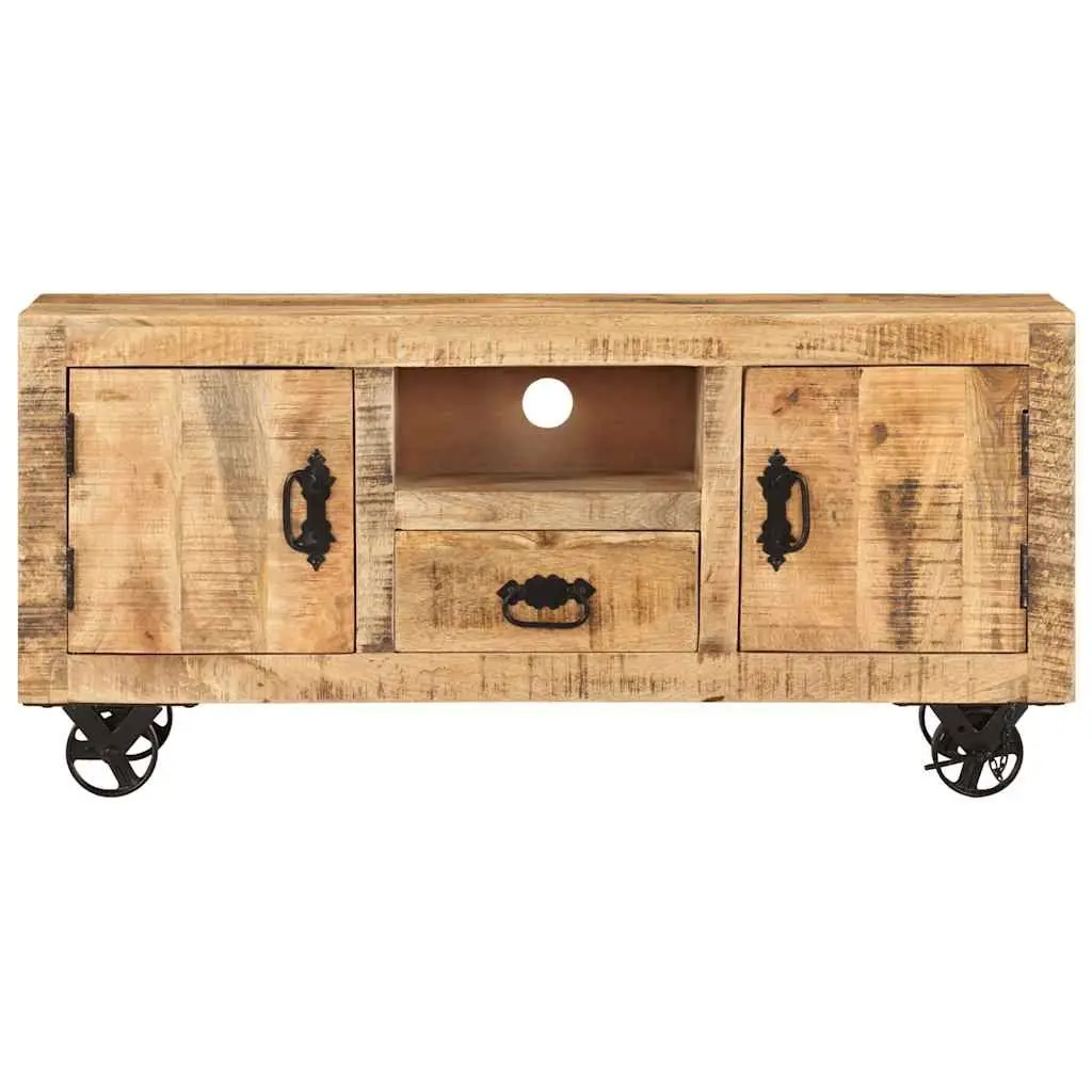 Wooden TV Cabinet Industrial Style Rough Mango Storage Unit with Wheels