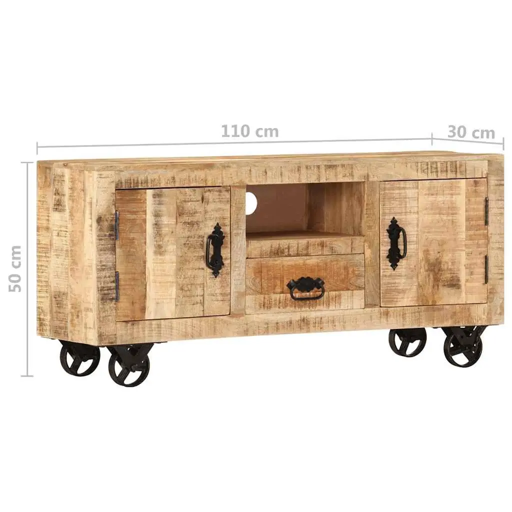 Wooden TV Cabinet Industrial Style Rough Mango Storage Unit with Wheels