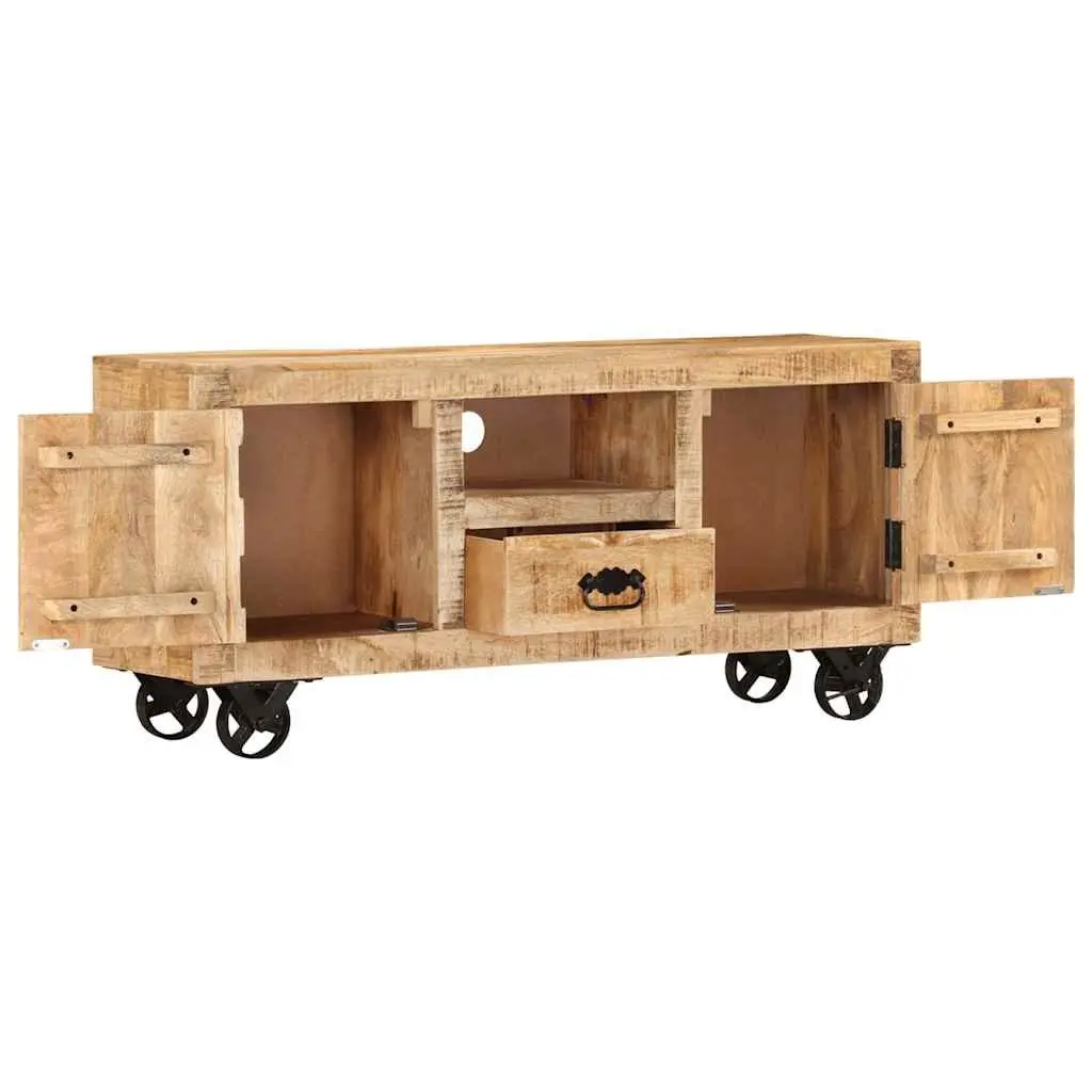 Wooden TV Cabinet Industrial Style Rough Mango Storage Unit with Wheels