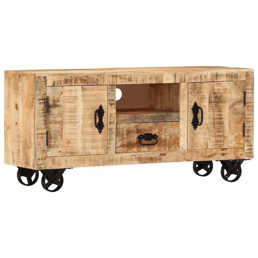 Wooden TV Cabinet Industrial Style Rough Mango Storage Unit with Wheels