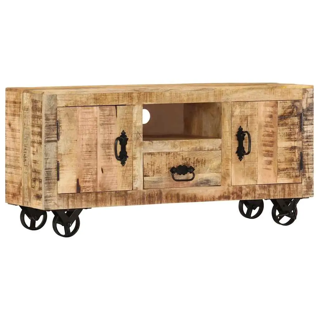 Wooden TV Cabinet Industrial Style Rough Mango Storage Unit with Wheels
