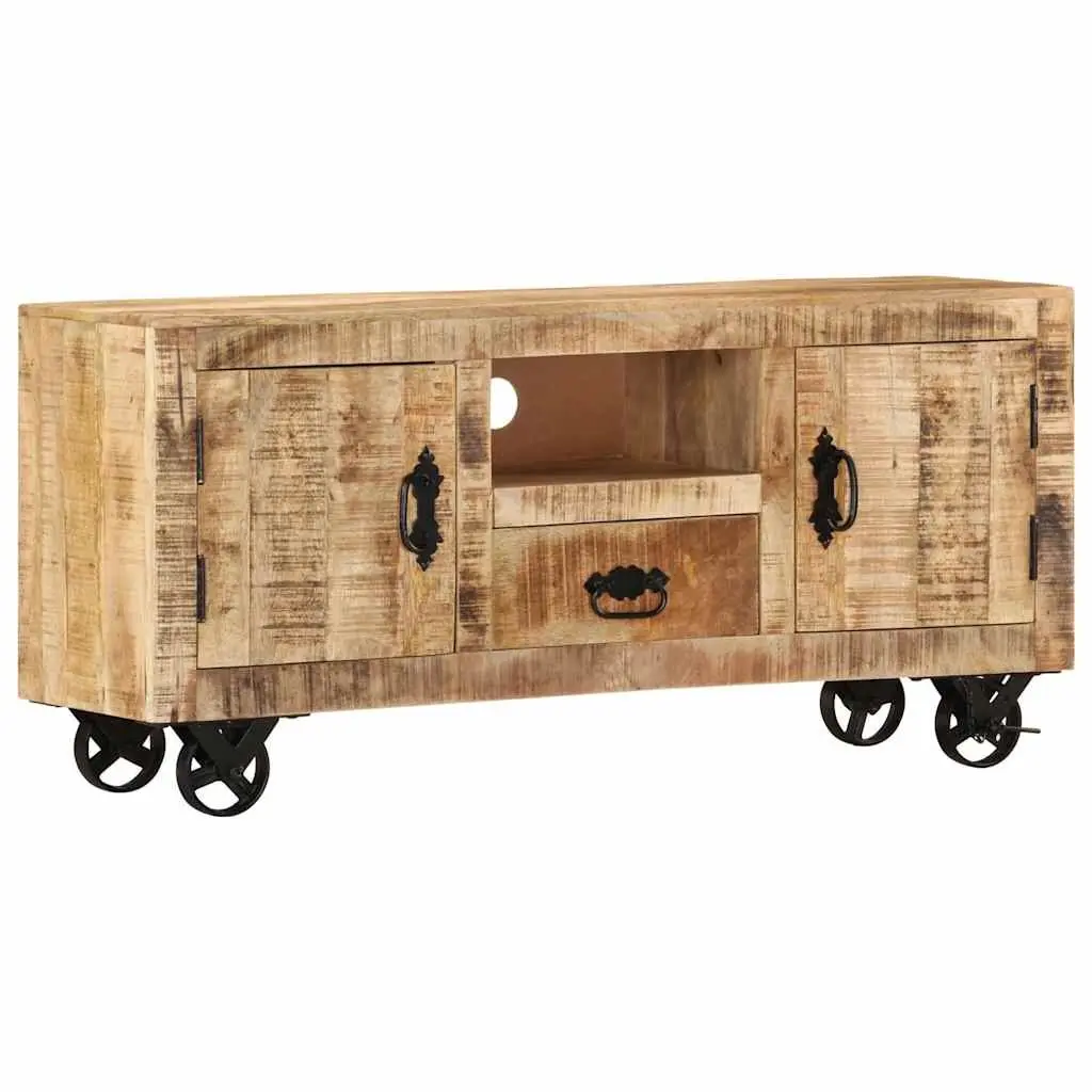 Wooden TV Cabinet Industrial Style Rough Mango Storage Unit with Wheels