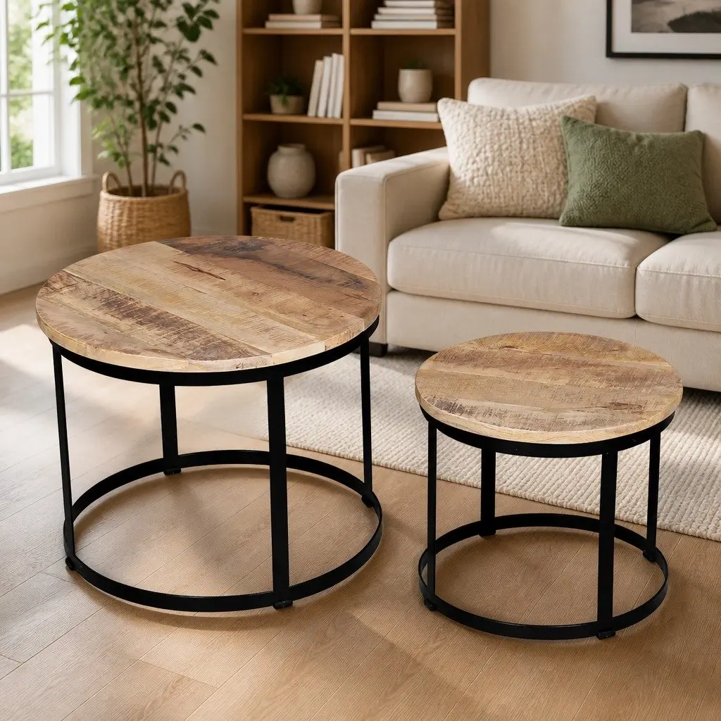 Coffee Table Set Living Room 40/50 cm Round Wooden Accent Tables