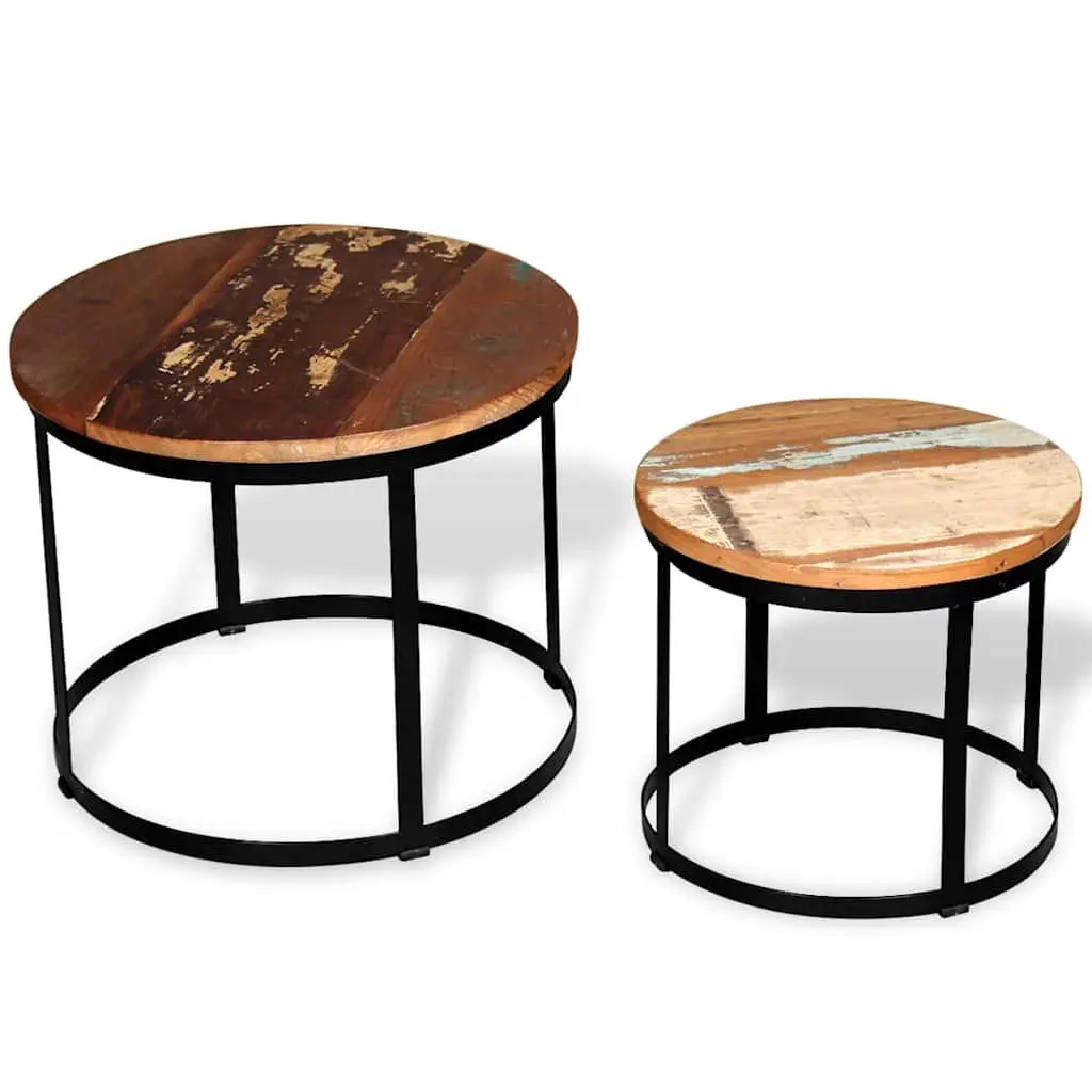 Coffee Table Set 2 Pieces Round Industrial Vintage Reclaimed Wood Living Room