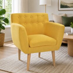 Padded Yellow Fabric Armchair with Wooden Construction