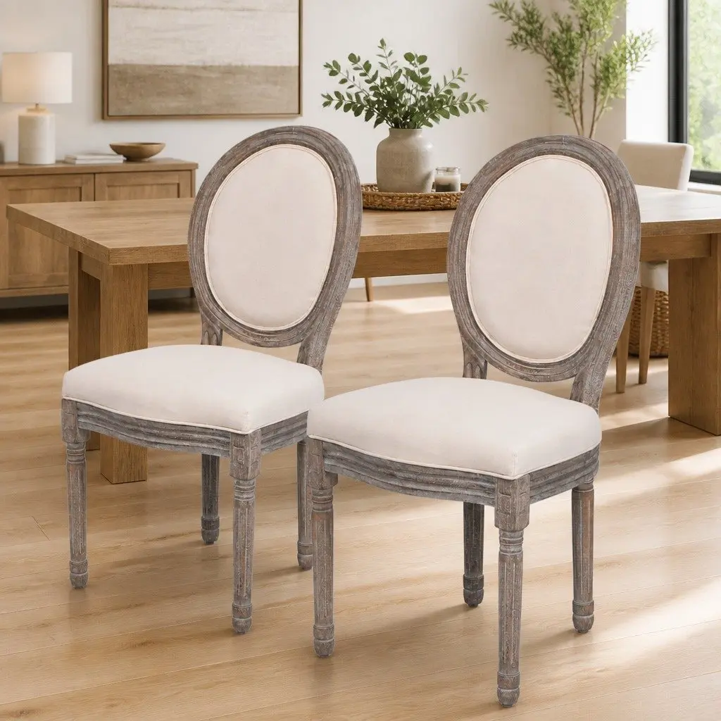 Dining Chairs Kitchen Room Cream Fabric Padded Seat 2 Piece Wooden Legs