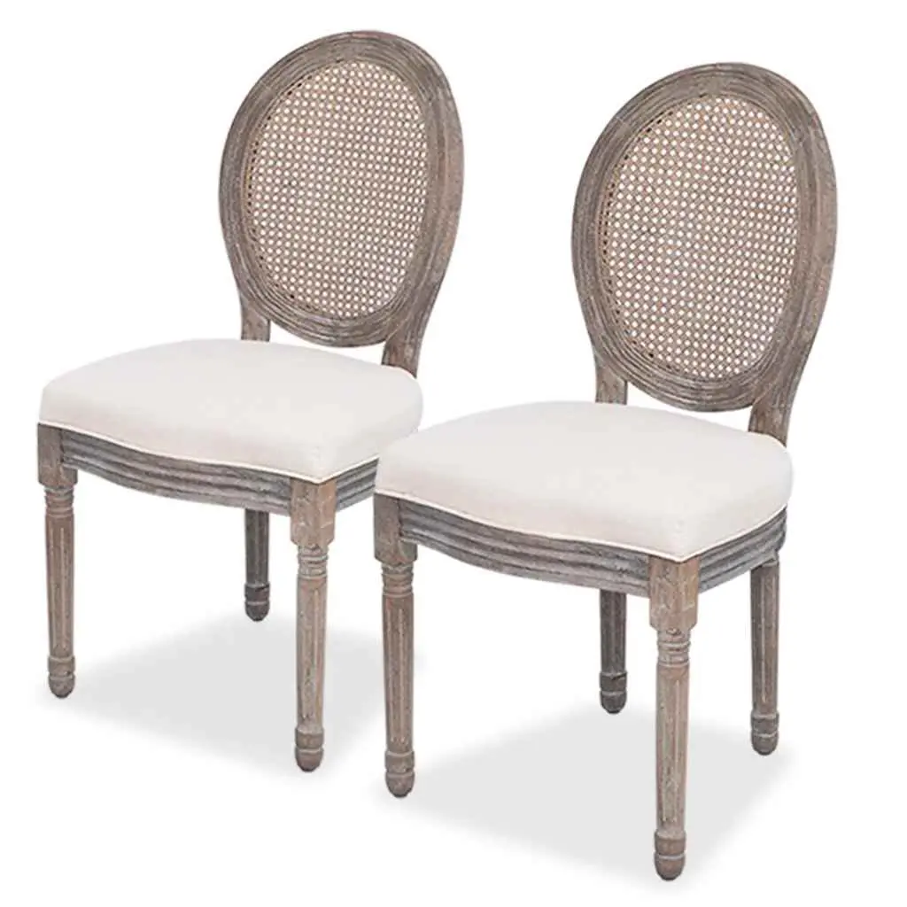 Dining Chairs 2 pcs Cream Fabric Rattan Backrest Foam Padded Seat Kitchen Room