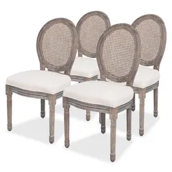 Dining Chairs Set of 4: Cream Linen, Rattan Backrest, Wooden Frame