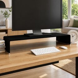 Glass TV Stand Monitor Riser 80x30x13cm Black Desktop Shelf Multimedia Device