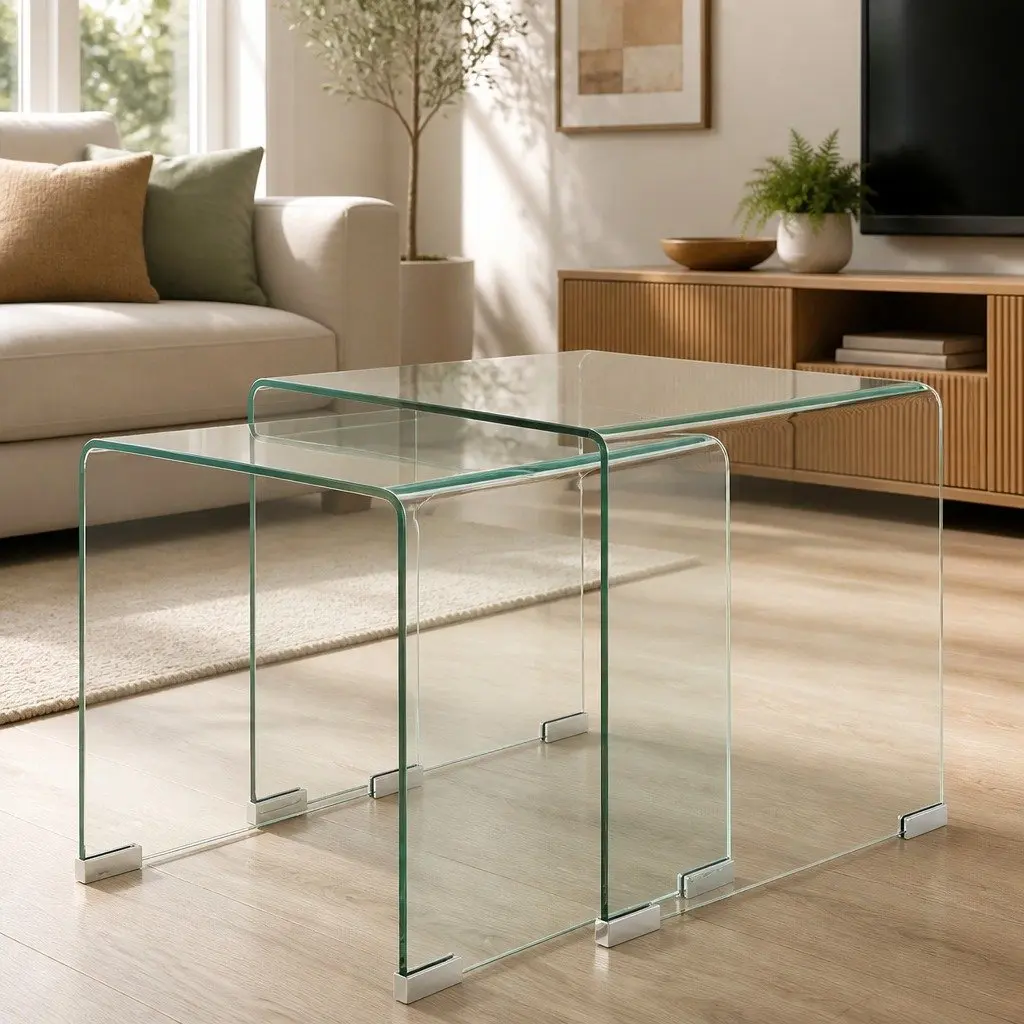 Two Piece Nesting Table Set Tempered Glass Coffee Tables Living Room Bedroom
