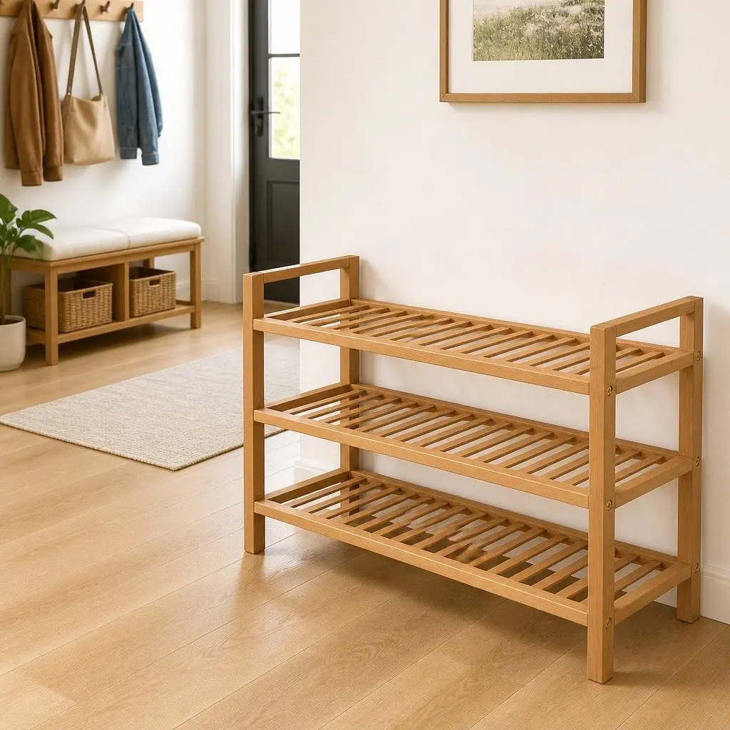 Wooden Shoe Rack Organiser Hallway 3 Shelf Brown Oak 100x27x60cm