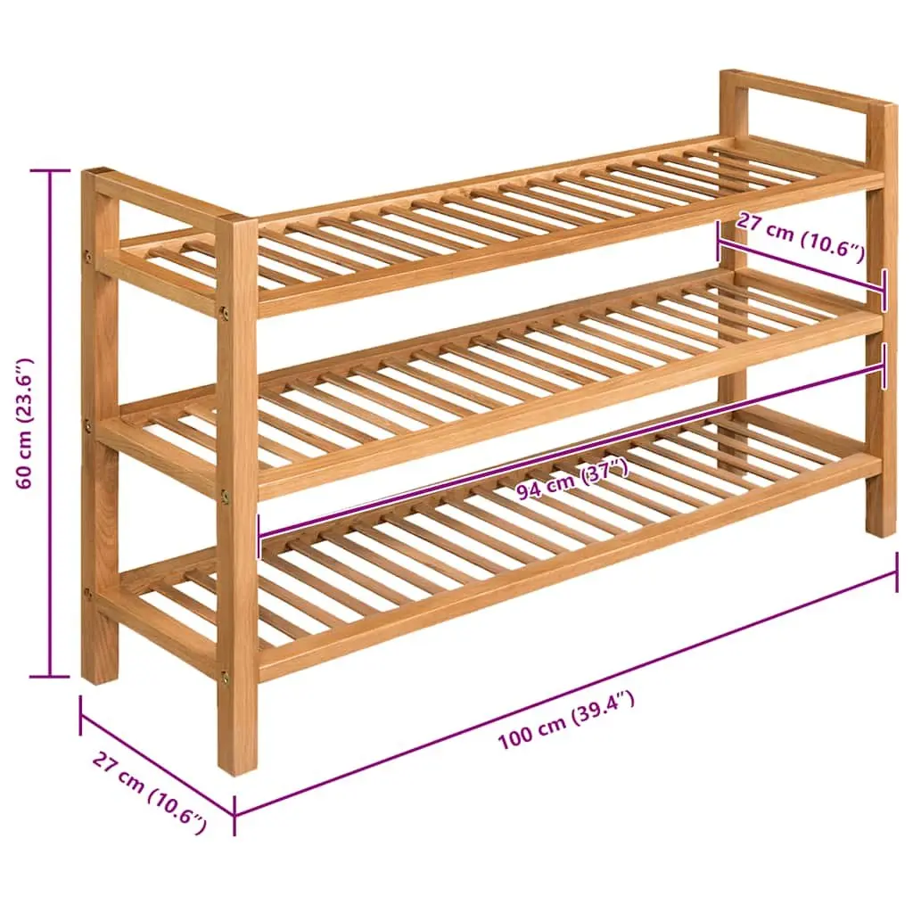 Wooden Shoe Rack Organiser Hallway 3 Shelf Brown Oak 100x27x60cm