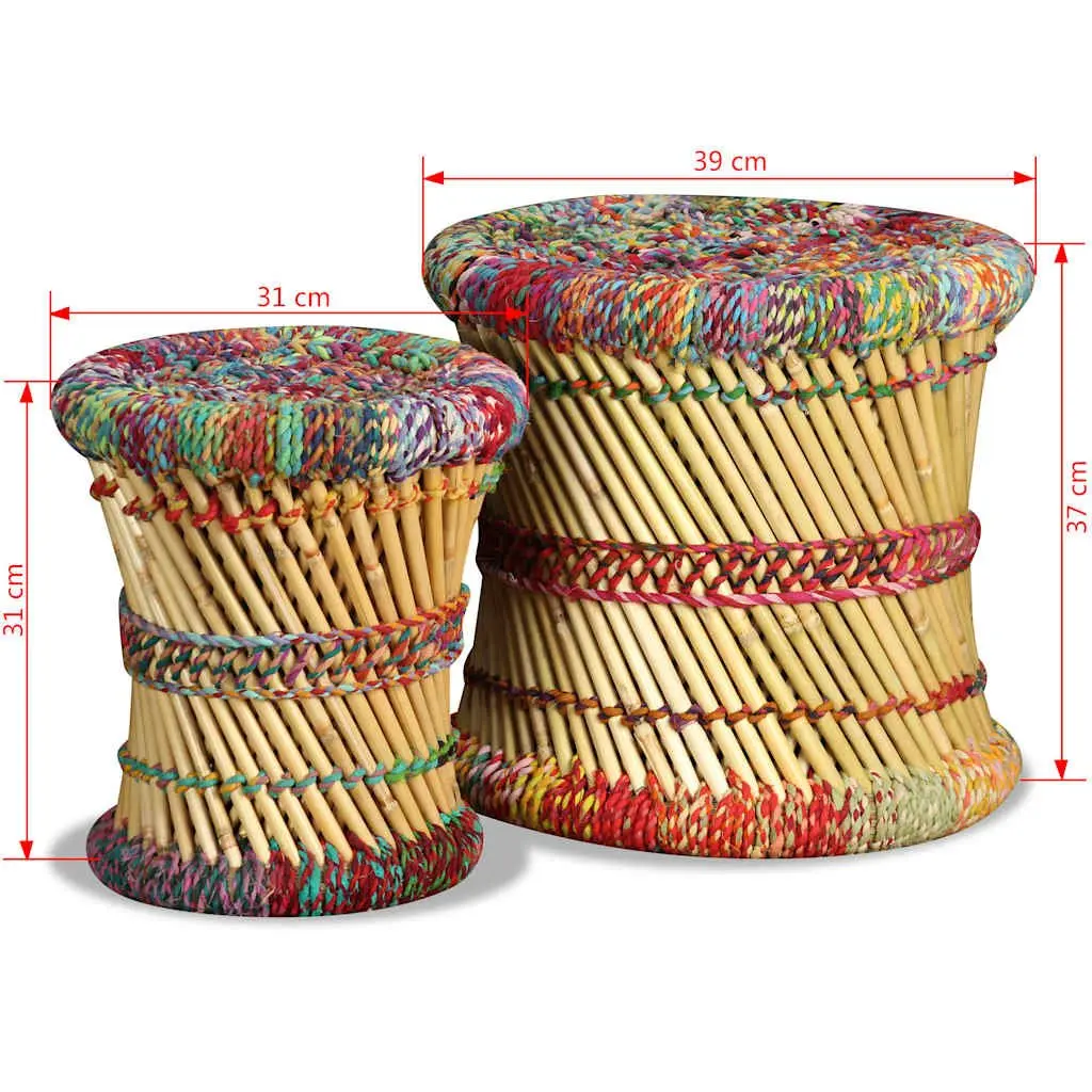 Bamboo Stools with Chindi Details Set of 2 Multicolour Footstools Side Tables