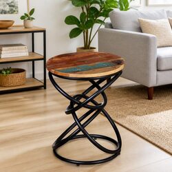 End Table: Solid Reclaimed Wood and Iron Frame Construction