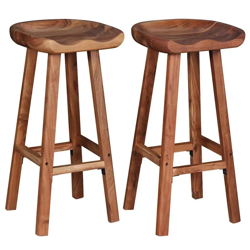 Bar Stools Set of 2 Brown Solid Acacia Wood Handmade Kitchen Counter Seating