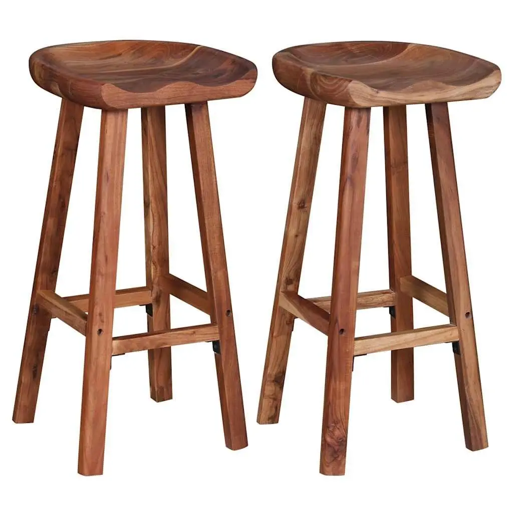 Bar Stools Set of 2 Brown Solid Acacia Wood Handmade Kitchen Counter Seating
