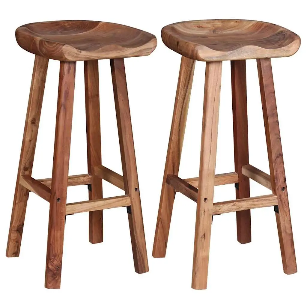 Bar Stools Set of 2 Brown Solid Acacia Wood Handmade Kitchen Counter Seating