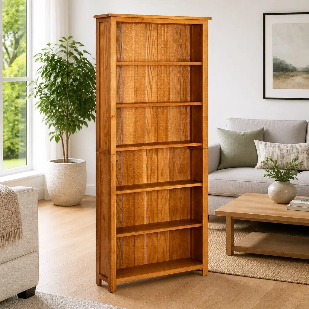 Bookcase 6-Tier Standing Shelf Brown Solid Oak Wood for Living Room Home Office
