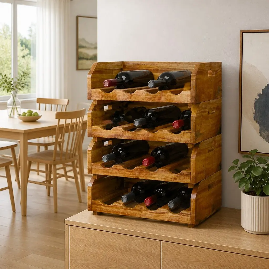 Wine Rack Set for Kitchen Dining Bar 4 Piece Wooden Storage Holder Stackable Display