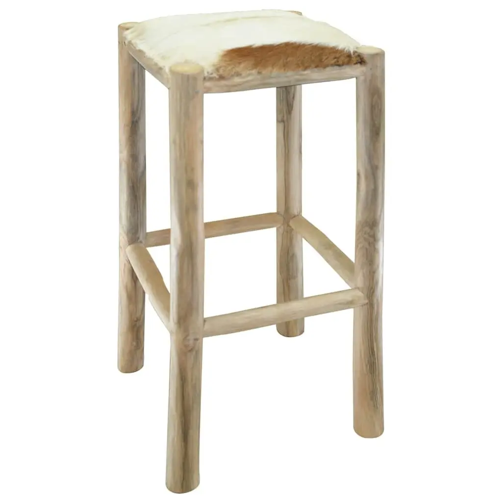 Bar Stool Goatskin Leather Seat Solid Teak Wood Frame Rustic Brown Dining
