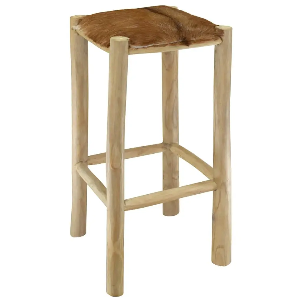 Bar Stool Goatskin Leather Seat Solid Teak Wood Frame Rustic Brown Dining