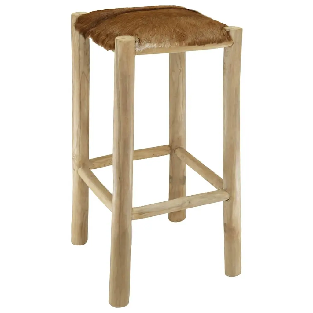 Bar Stool Goatskin Leather Seat Solid Teak Wood Frame Rustic Brown Dining