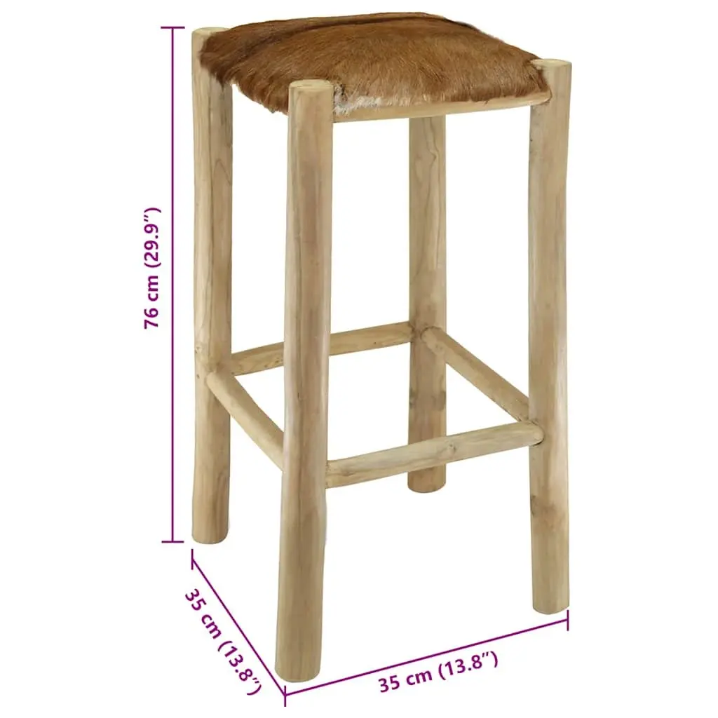Bar Stool Goatskin Leather Seat Solid Teak Wood Frame Rustic Brown Dining