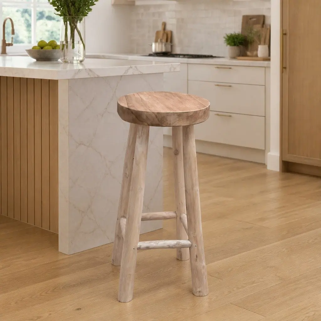 Bar Stool Kitchen Dining Rustic Solid Teak Wood Brown Curved Legs
