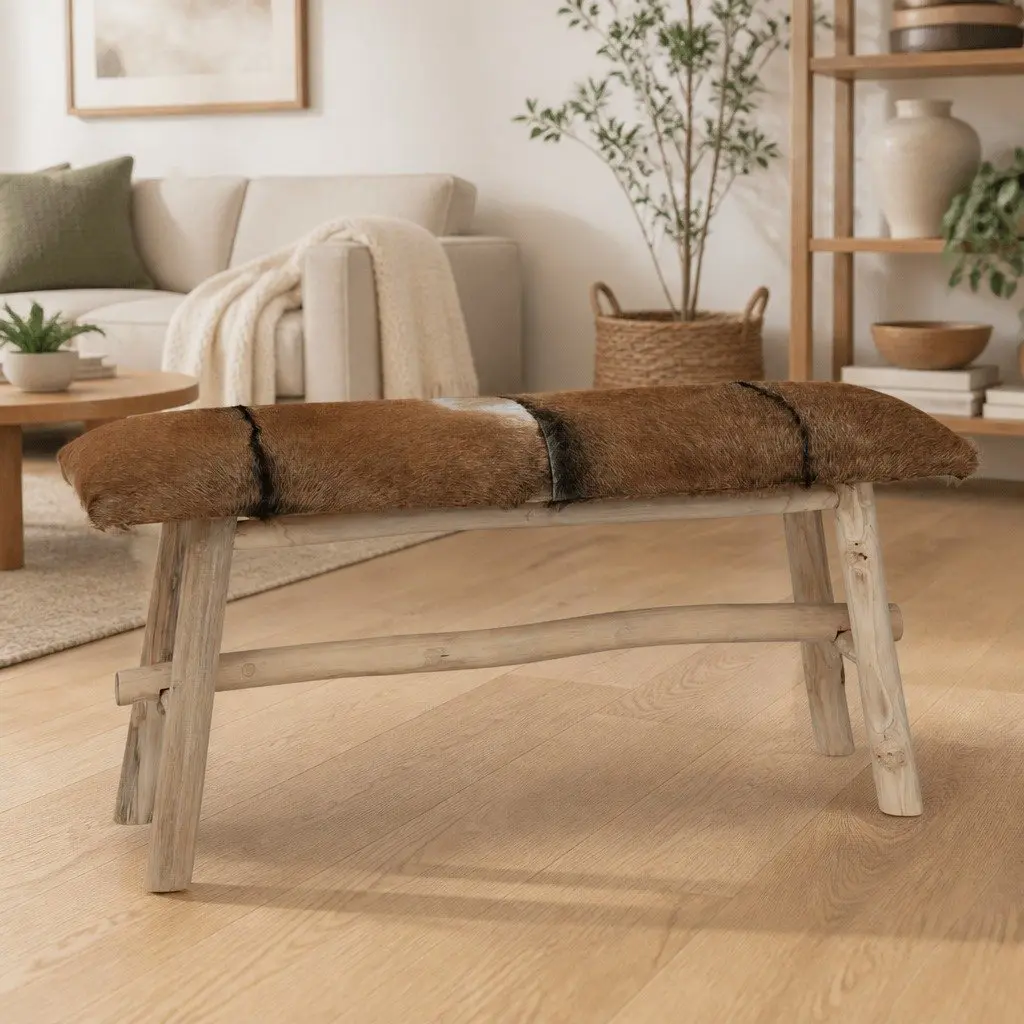 Goat Leather Bench for Entryway Living Room Multicolour Teak Frame