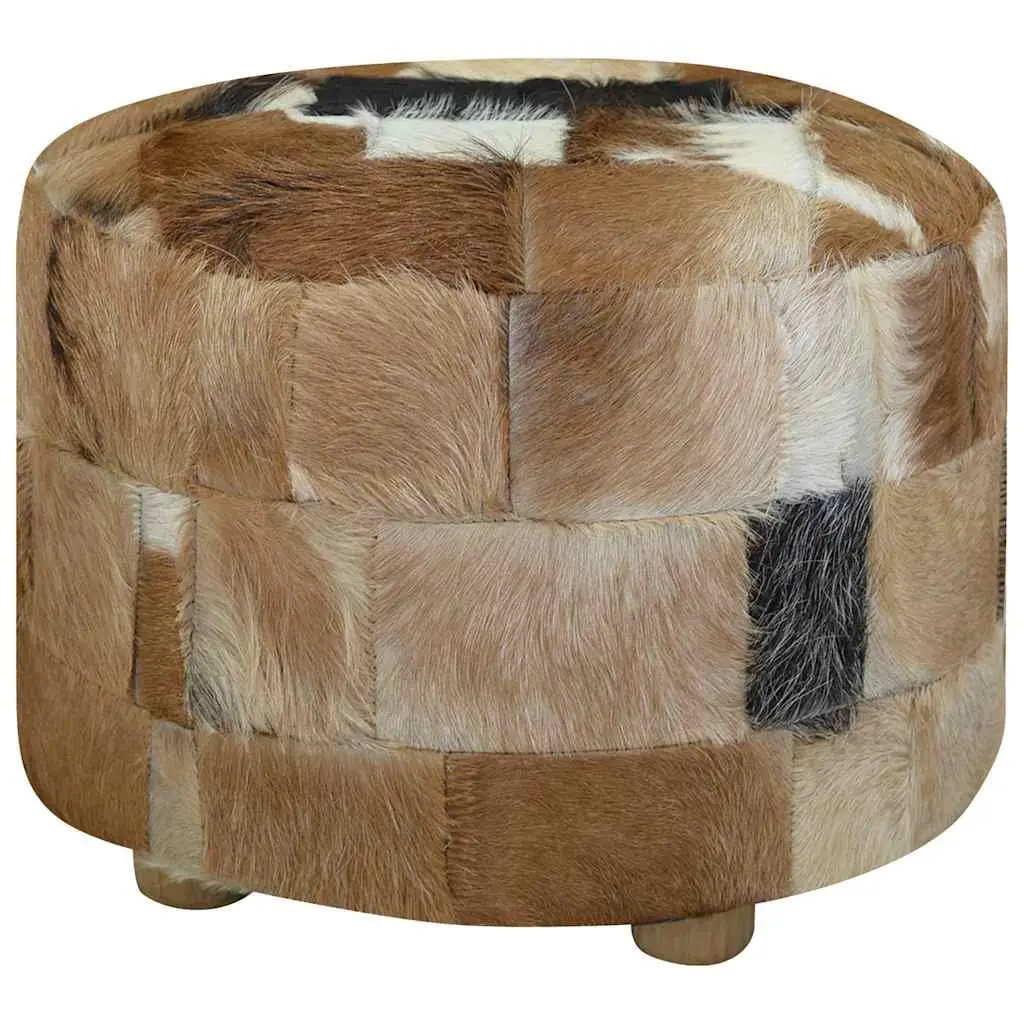 Round Pouffe Footrest Goat Leather Multicolour Ottoman Seat Stool Living Room 50 x 50 x 45 cm