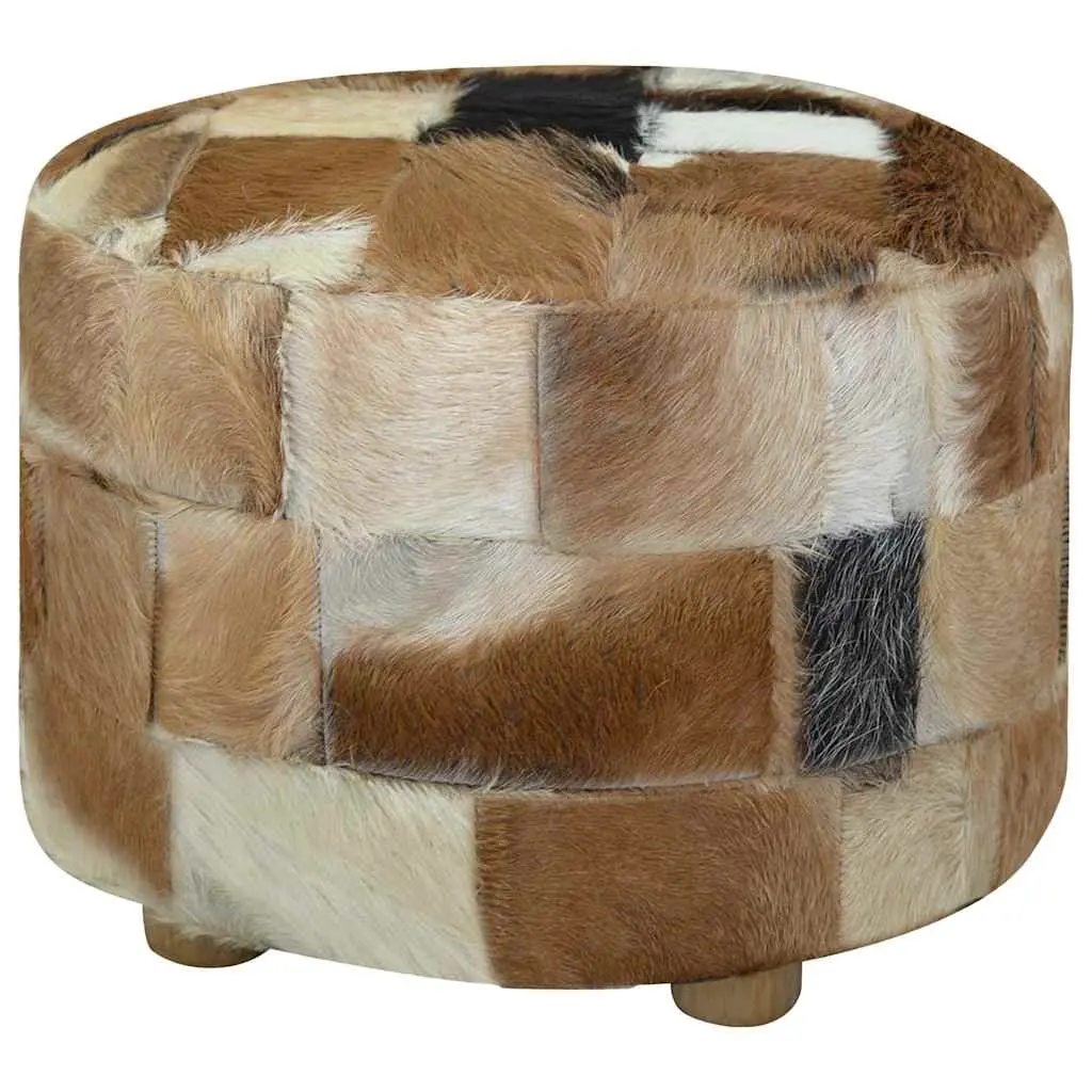 Round Pouffe Footrest Goat Leather Multicolour Ottoman Seat Stool Living Room 50 x 50 x 45 cm