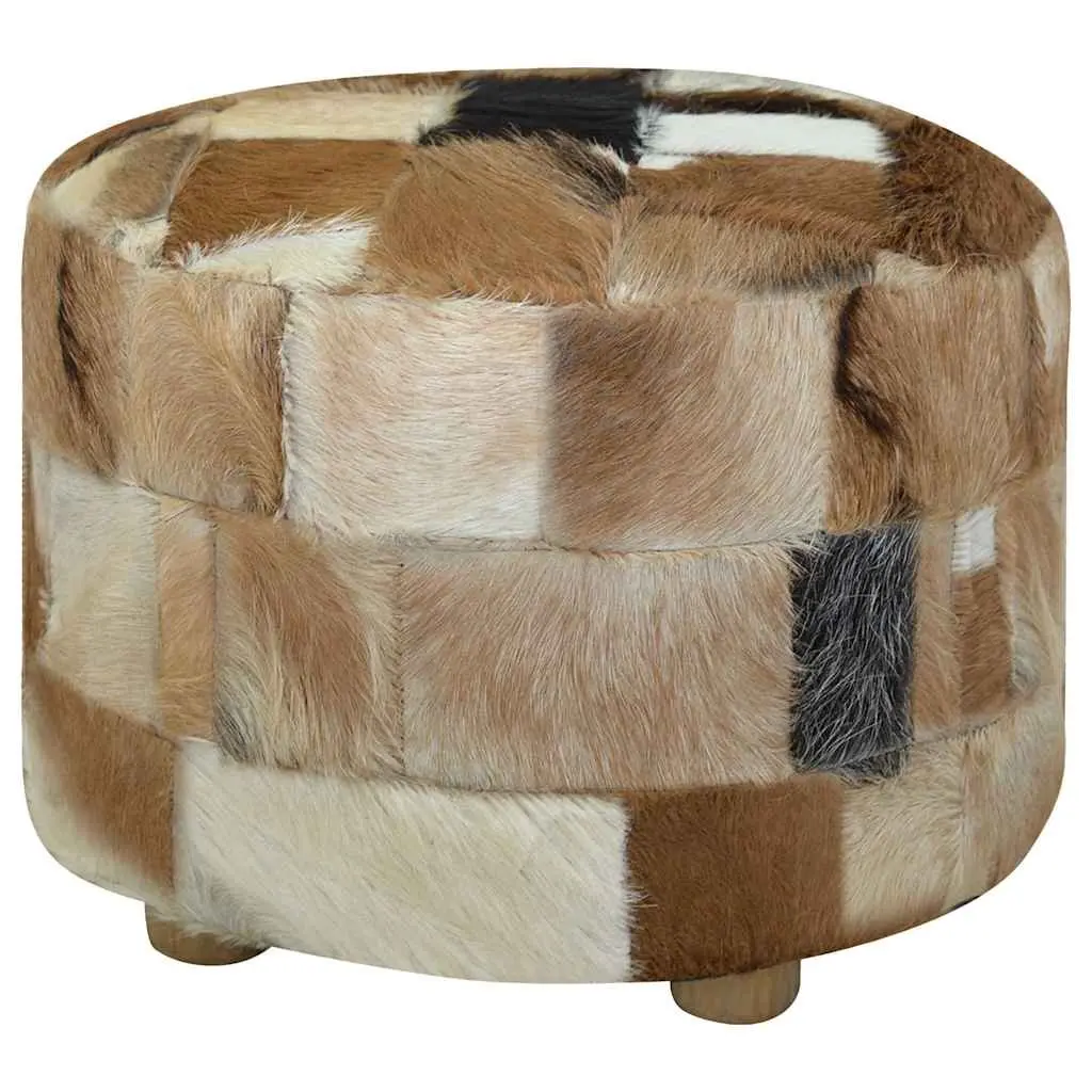 Round Pouffe Footrest Goat Leather Multicolour Ottoman Seat Stool Living Room 50 x 50 x 45 cm