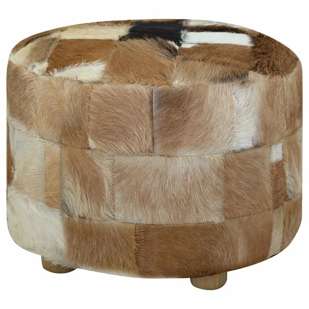 Round Pouffe Footrest Goat Leather Multicolour Ottoman Seat Stool Living Room 50 x 50 x 45 cm