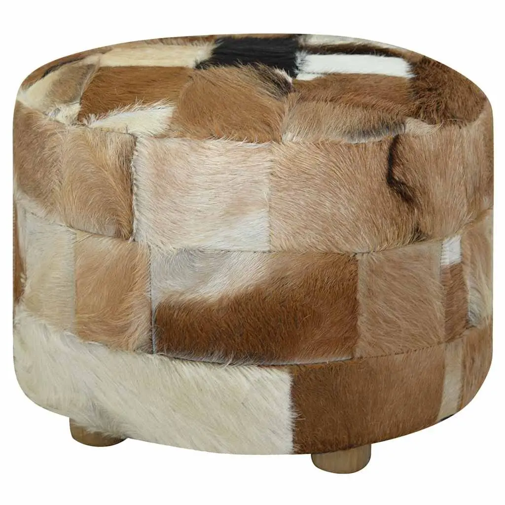 Round Pouffe Footrest Goat Leather Multicolour Ottoman Seat Stool Living Room 50 x 50 x 45 cm
