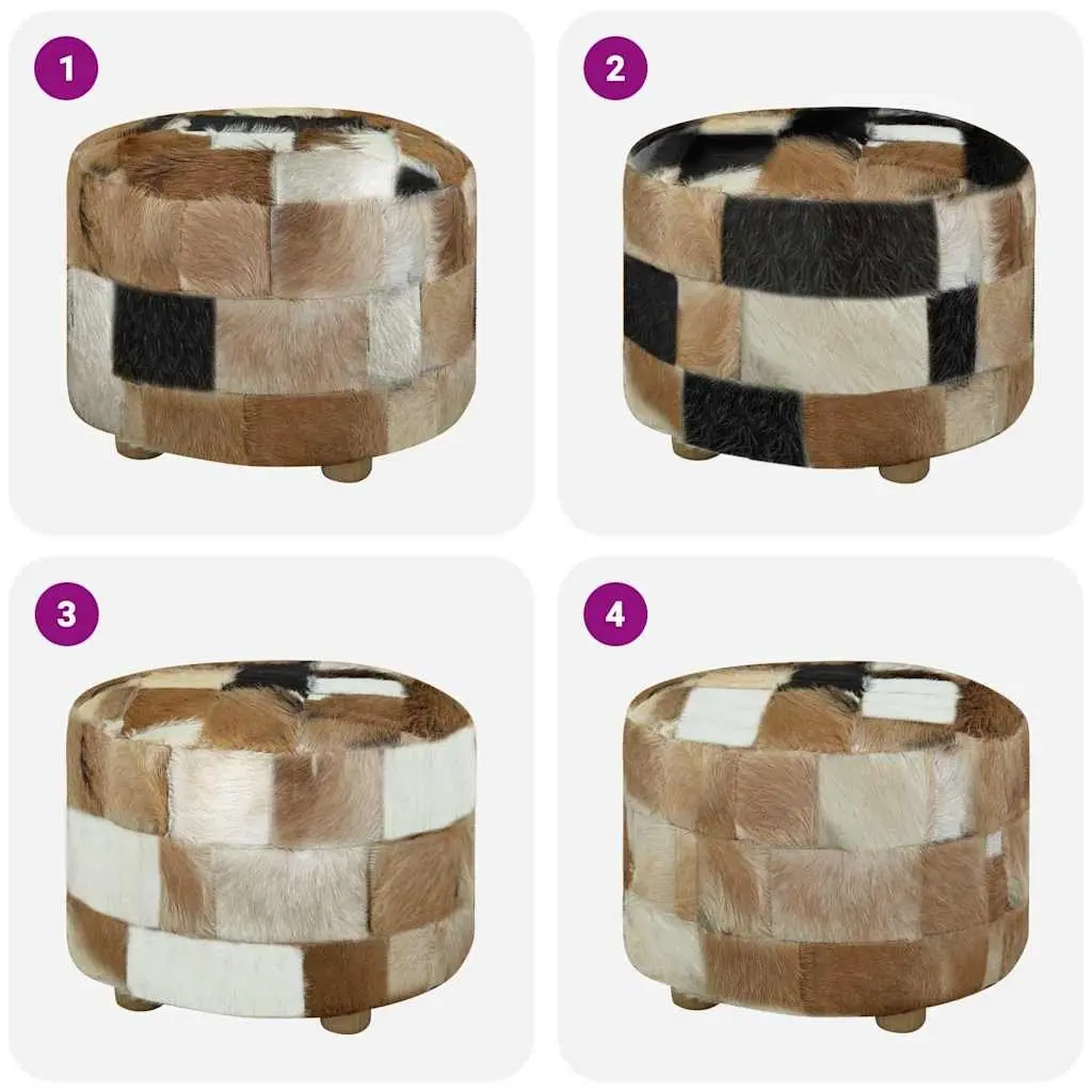 Round Pouffe Footrest Goat Leather Multicolour Ottoman Seat Stool Living Room 50 x 50 x 45 cm
